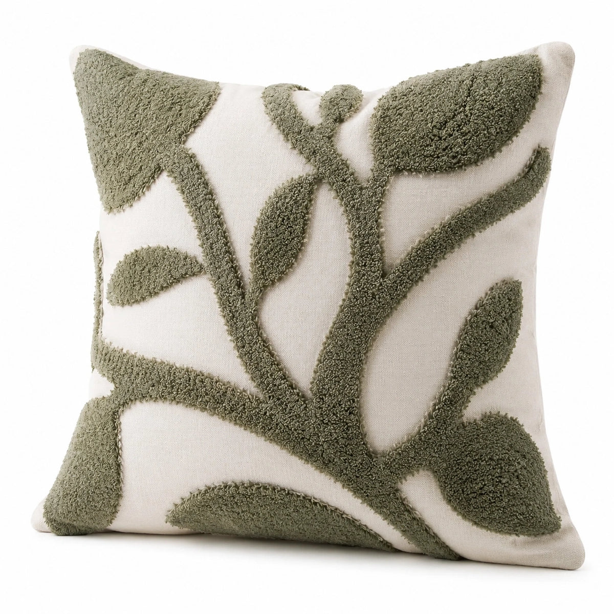 Cuscino decorativo quadrato 45 cm in tessuto beige e verde salvia con motivo botanico