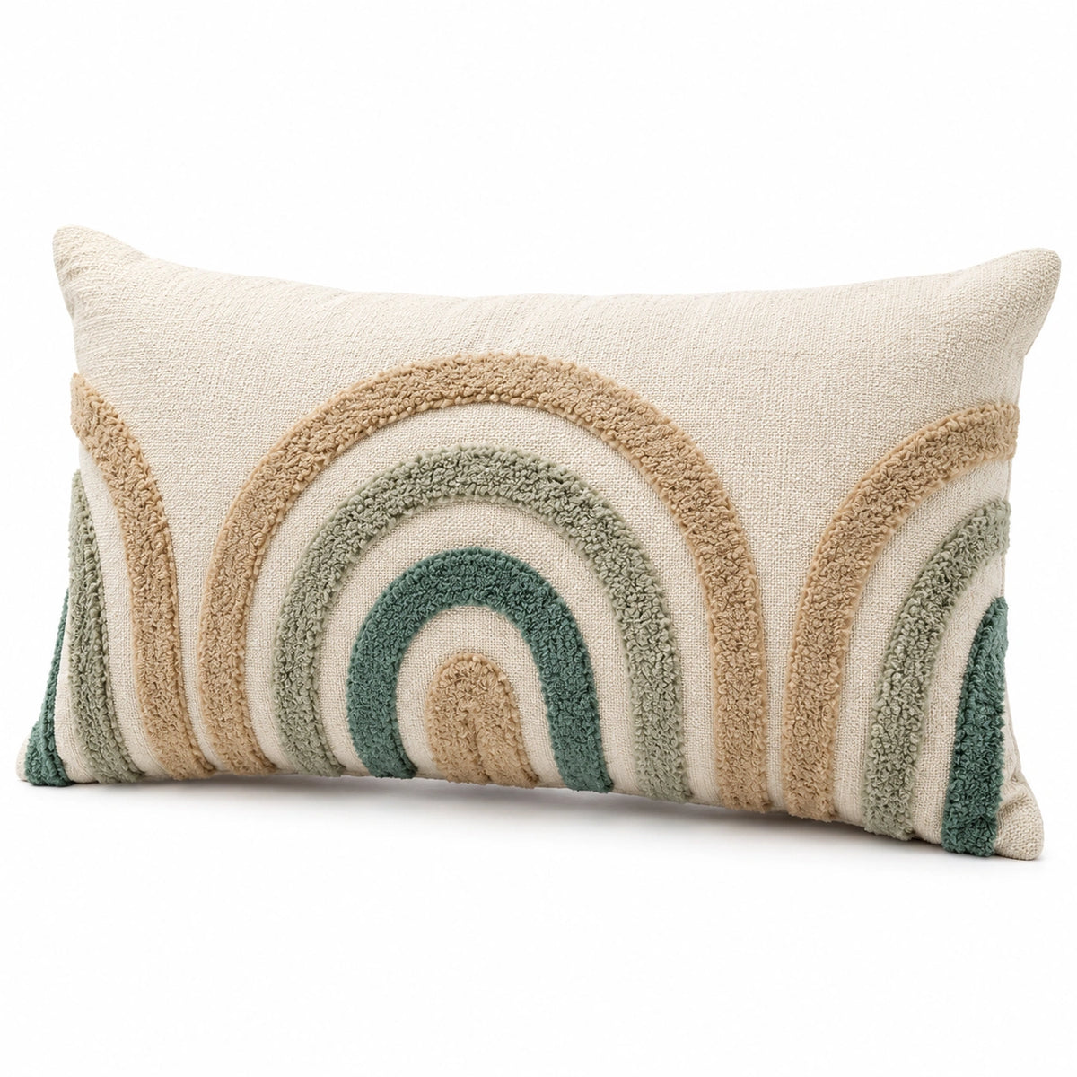Cuscino decorativo rettangolare 50 x 30 cm in cotone beige verde con ricamo a rilievo stile boho