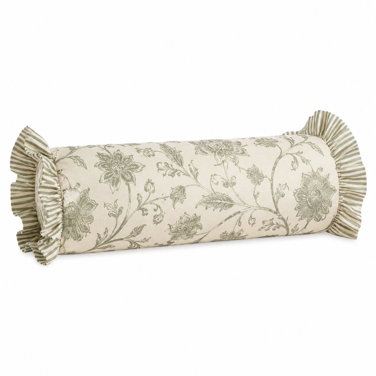 Cuscino cilindrico 15 x 45 cm in tessuto beige e verde con motivo floreale e volant