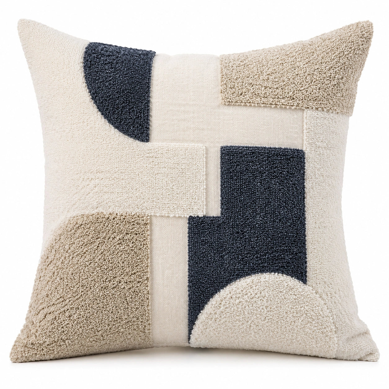 Cuscino decorativo quadrato 45 cm in tessuto bouclé beige blu e avorio stile geometrico