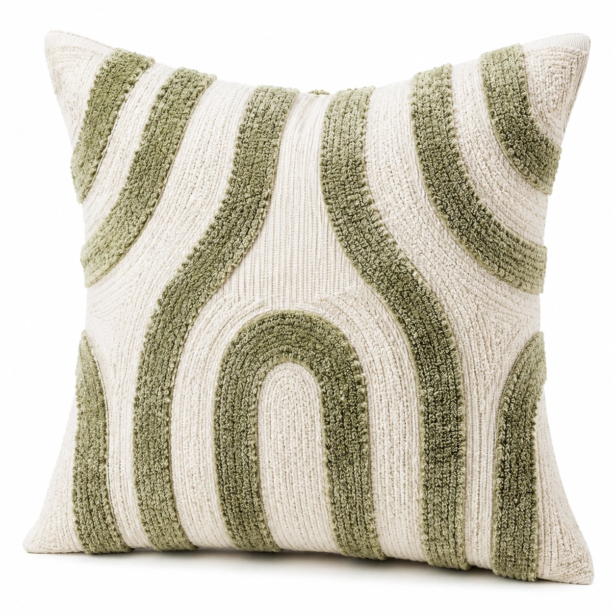 Cuscino decorativo quadrato 45 x 45 cm in tessuto avorio e verde salvia con rilievo geometrico