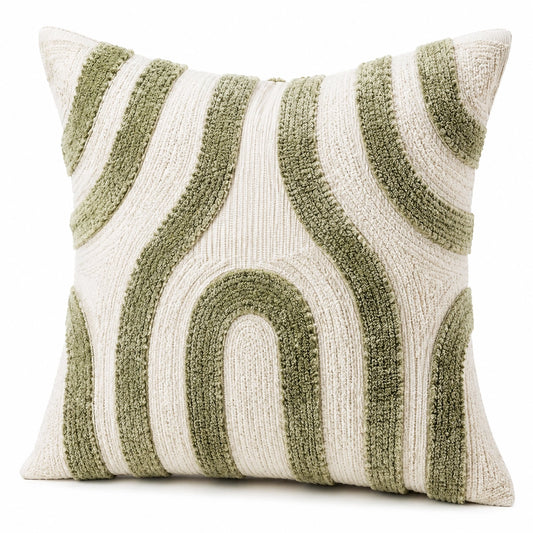 Cuscino decorativo quadrato 45 x 45 cm in tessuto avorio e verde salvia con rilievo geometrico