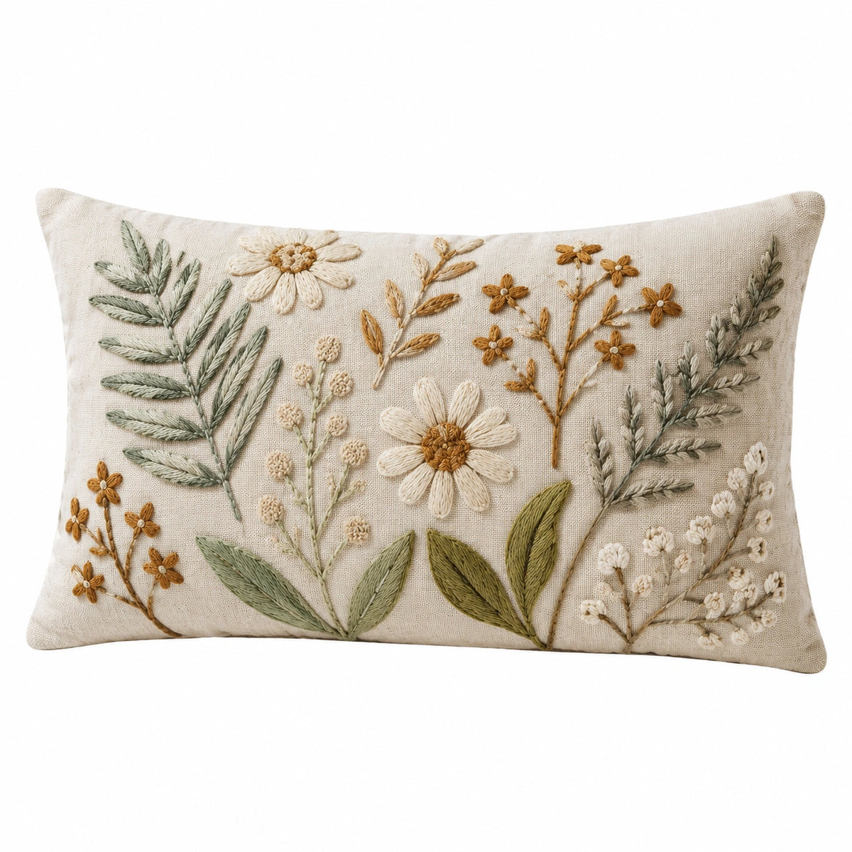 Cuscino decorativo 45 x 35 cm in tessuto crema con ricamo floreale stile botanico
