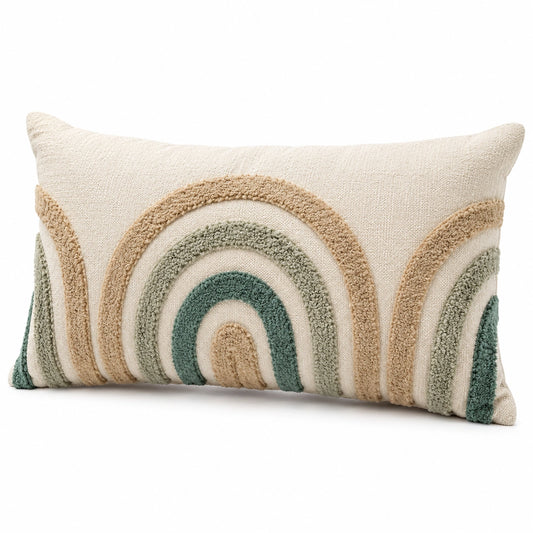 Cuscino decorativo rettangolare 50 x 30 cm in cotone beige verde con ricamo a rilievo stile boho
