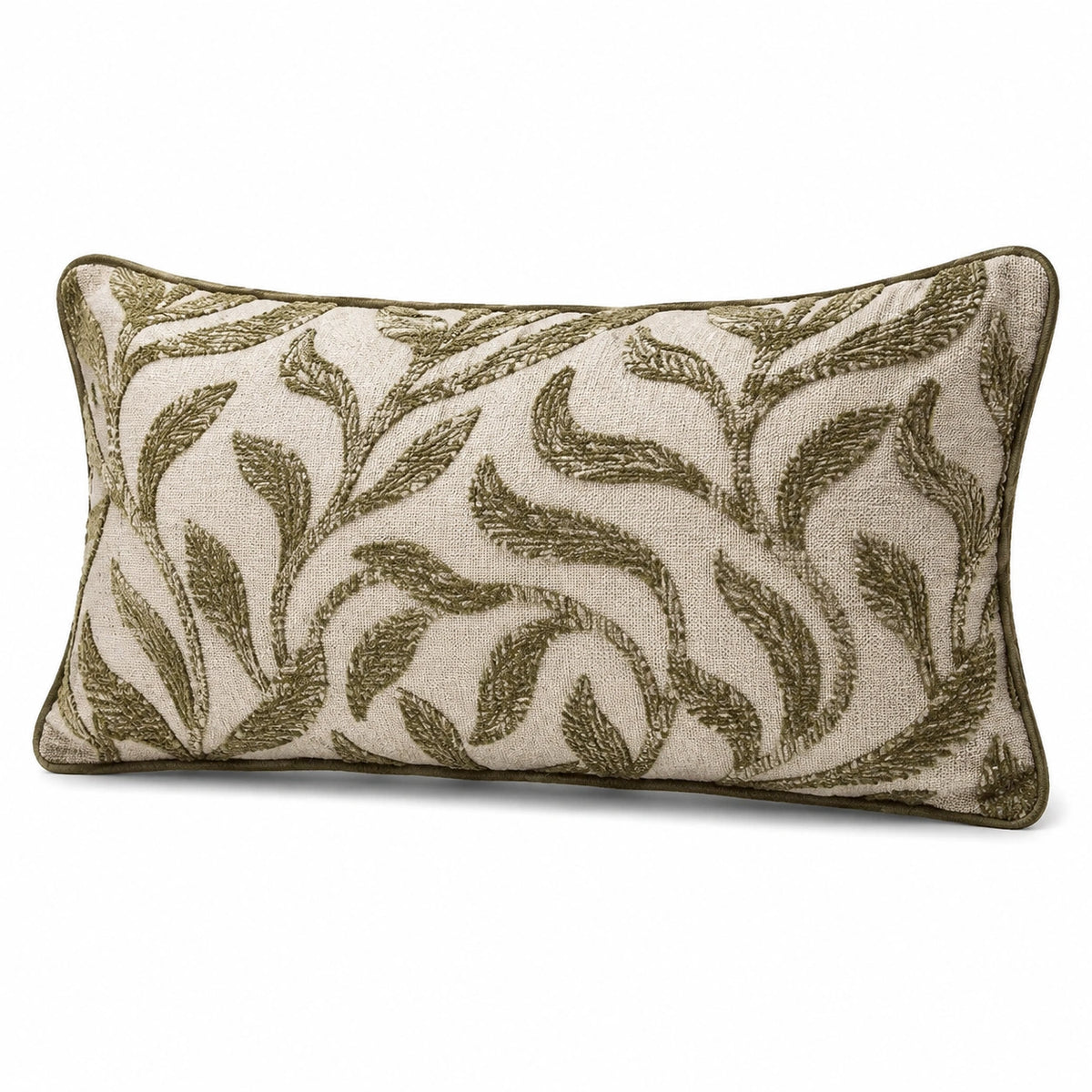 Cuscino decorativo 50 x 30 cm in tessuto beige e verde oliva con motivo botanico stile naturale