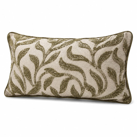 Cuscino decorativo 50 x 30 cm in tessuto beige e verde oliva con motivo botanico stile naturale