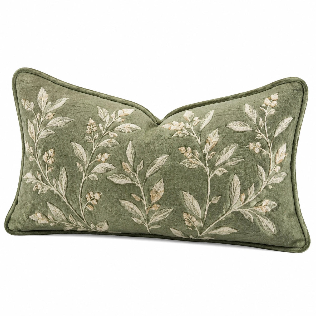 Cuscino decorativo rettangolare 50 x 30 cm verde in tessuto effetto velluto con ricamo botanico