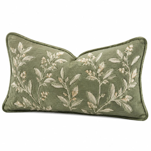 Cuscino decorativo rettangolare 50 x 30 cm verde in tessuto effetto velluto con ricamo botanico