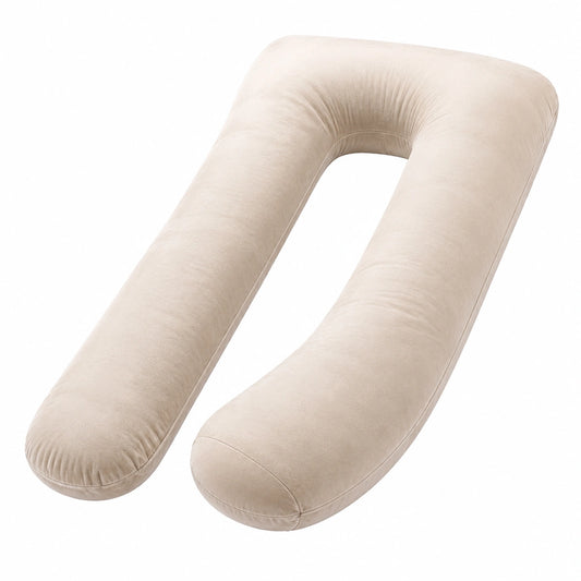 Cuscino gravidanza a U 150 cm in tessuto effetto velluto beige con supporto corpo