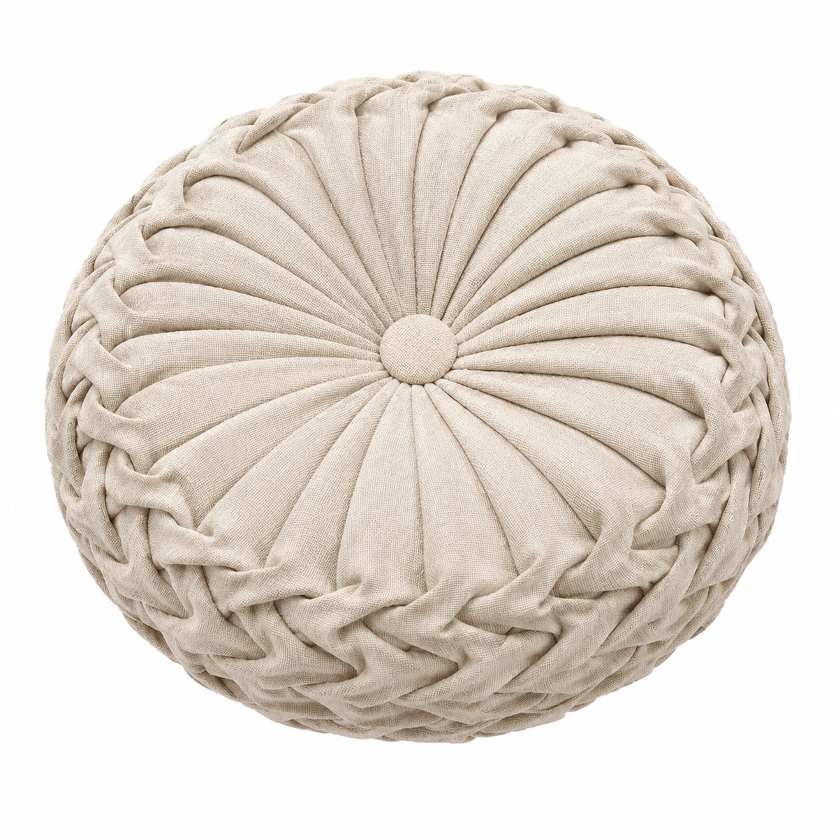 Cuscino decorativo rotondo 45 cm in tessuto beige con pieghe stile floreale
