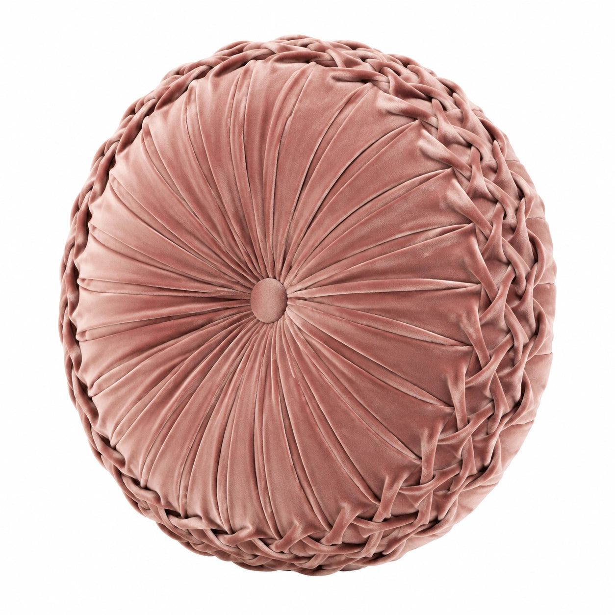 Cuscino decorativo rotondo diametro 45 cm in velluto rosa antico con pieghe decorative